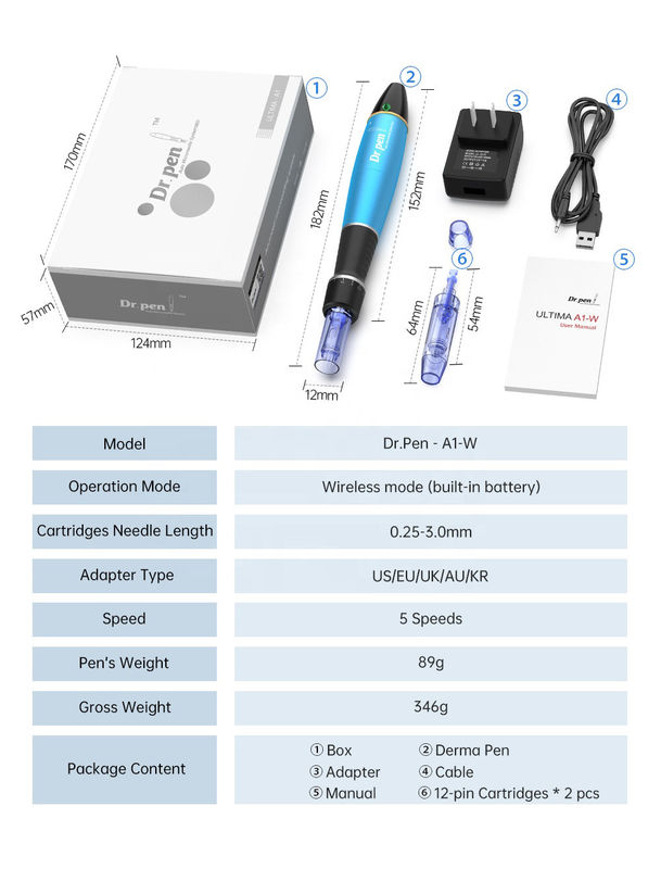 Verstelbare naaldlengte 1,0 mm Dr pen A1c A1w Elektrische Dermapen voor bleekbehandeling